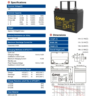 แบตเตอรี่ Long U1-34H (12V34AH) 4 แบตเตอรี่ Long U1-34H (12V34AH) - Image 2