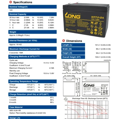 แบตเตอรี่ Long WP7.2-12A (12V7.2AH) 4 แบตเตอรี่ Long WP7.2-12A (12V7.2AH) - Image 2