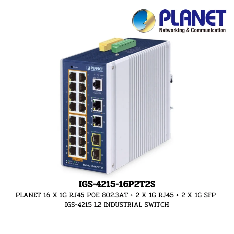 (IGS-4215-16P2T2S) PLANET 16 X 1G RJ45 POE 802.3AT + 2 X 1G RJ45 + 2 X 1G SFP IGS-4215 L2 INDUSTRIAL SWITCH