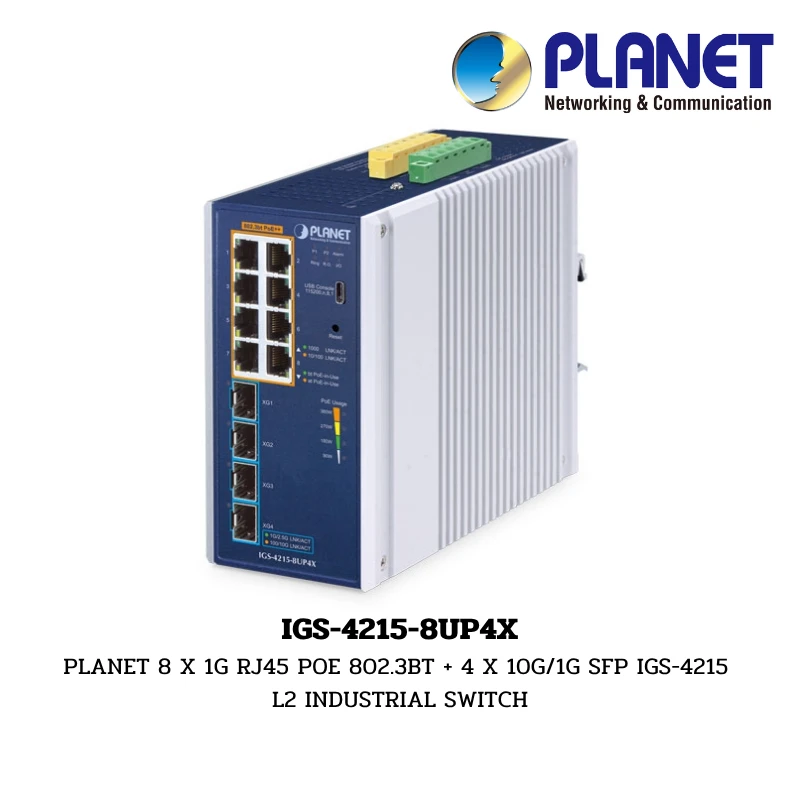 (IGS-4215-8UP4X) PLANET 8 X 1G RJ45 POE 802.3BT + 4 X 10G/1G SFP IGS-4215 L2 INDUSTRIAL SWITCH