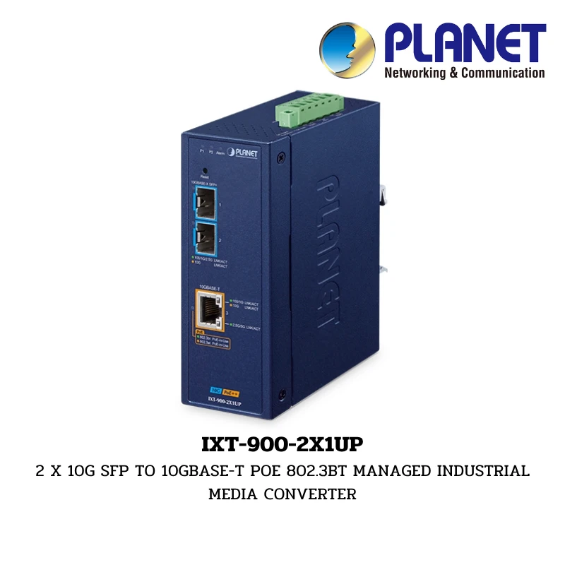 (IXT-900-2X1UP) PLANET 2 X 10G SFP TO 10GBASE-T POE 802.3BT MANAGED INDUSTRIAL MEDIA CONVERTER