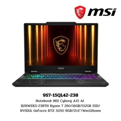 Notebook MSI Cyborg A15 AI B2HWEKG-238TH Ryzen 7 260/16GB/512GB SSD/NVIDIA GeForce RTX 5050 8GB/15.6″/Win11Home (9S7-15QL42-238)