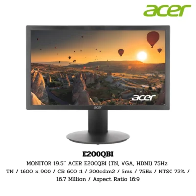 Monitor Acer 19.5'' ACER E200QBI TN / 1600 x 900 / CR 600 :1 / 200cd:m2 / 5ms / 75Hz / NTSC 72% / 16.7 Million / Aspect Ratio 16:9