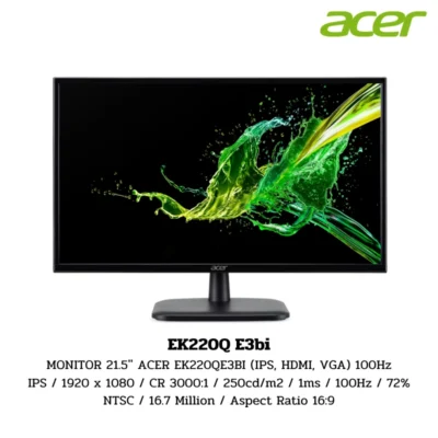 Monitor Acer 21.5'' ACER EK220QE3BI IPS / 1920 x 1080 / CR 3000:1 / 250cd/m2 / 1ms / 100Hz / 72% NTSC / 16.7 Million / Aspect Ratio 16:9