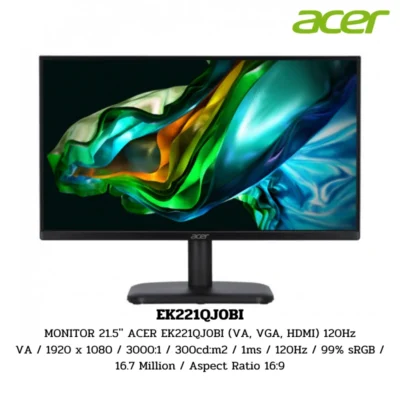Monitor Acer 21.5'' ACER EK221QJ0BI VA / 1920 x 1080 / 3000:1 / 300cd:m2 / 1ms / 120Hz / 99% sRGB / 16.7 Million / Aspect Ratio 16:9