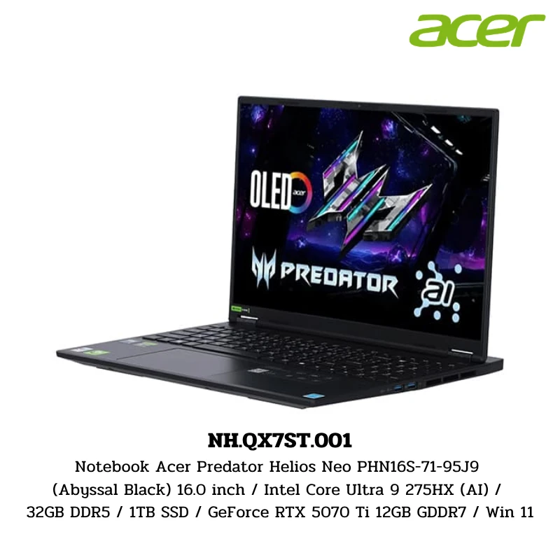 Notebook Acer Predator Helios Neo PHN16S-71-95J9 (Abyssal Black) 16.0 inch / Intel Core Ultra 9 275HX (AI) / 32GB DDR5 / 1TB SSD / GeForce RTX 5070 Ti 12GB GDDR7 / Win 11 (NH.QX7ST.001) 1 Notebook Acer Predator Helios Neo PHN16S-71-95J9 (Abyssal Black) 16.0 inch / Intel Core Ultra 9 275HX (AI) / 32GB DDR5 / 1TB SSD / GeForce RTX 5070 Ti 12GB GDDR7 / Win 11 (NH.QX7ST.001)