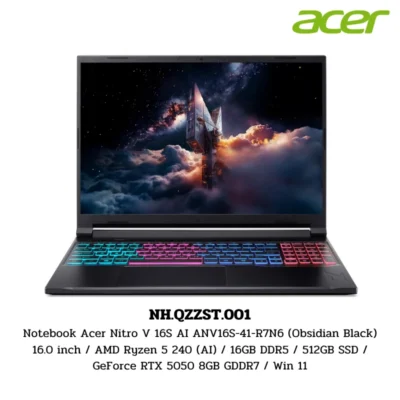 Notebook Acer Nitro V 16S AI ANV16S-41-R7N6 (Obsidian Black) 16.0 inch / AMD Ryzen 5 240 (AI) / 16GB DDR5 / 512GB SSD / GeForce RTX 5050 8GB GDDR7 / Win 11 (NH.QZZST.001)