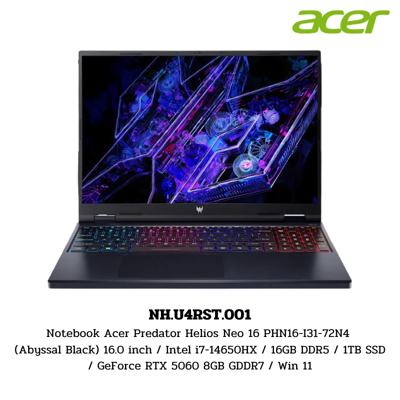 Notebook Acer Predator Helios Neo 16 PHN16-I31-72N4 (Abyssal Black) 16.0 inch / Intel i7-14650HX / 16GB DDR5 / 1TB SSD / GeForce RTX 5060 8GB GDDR7 / Win 11 (NH.U4RST.001) 1 Notebook Acer Predator Helios Neo 16 PHN16-I31-72N4 (Abyssal Black) 16.0 inch / Intel i7-14650HX / 16GB DDR5 / 1TB SSD / GeForce RTX 5060 8GB GDDR7 / Win 11 (NH.U4RST.001)