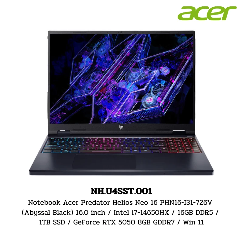 Notebook Acer Predator Helios Neo 16 PHN16-I31-726V (Abyssal Black) 16.0 inch / Intel i7-14650HX / 16GB DDR5 / 1TB SSD / GeForce RTX 5050 8GB GDDR7 / Win 11 (NH.U4SST.001) 1 Notebook Acer Predator Helios Neo 16 PHN16-I31-726V (Abyssal Black) 16.0 inch / Intel i7-14650HX / 16GB DDR5 / 1TB SSD / GeForce RTX 5050 8GB GDDR7 / Win 11 (NH.U4SST.001)