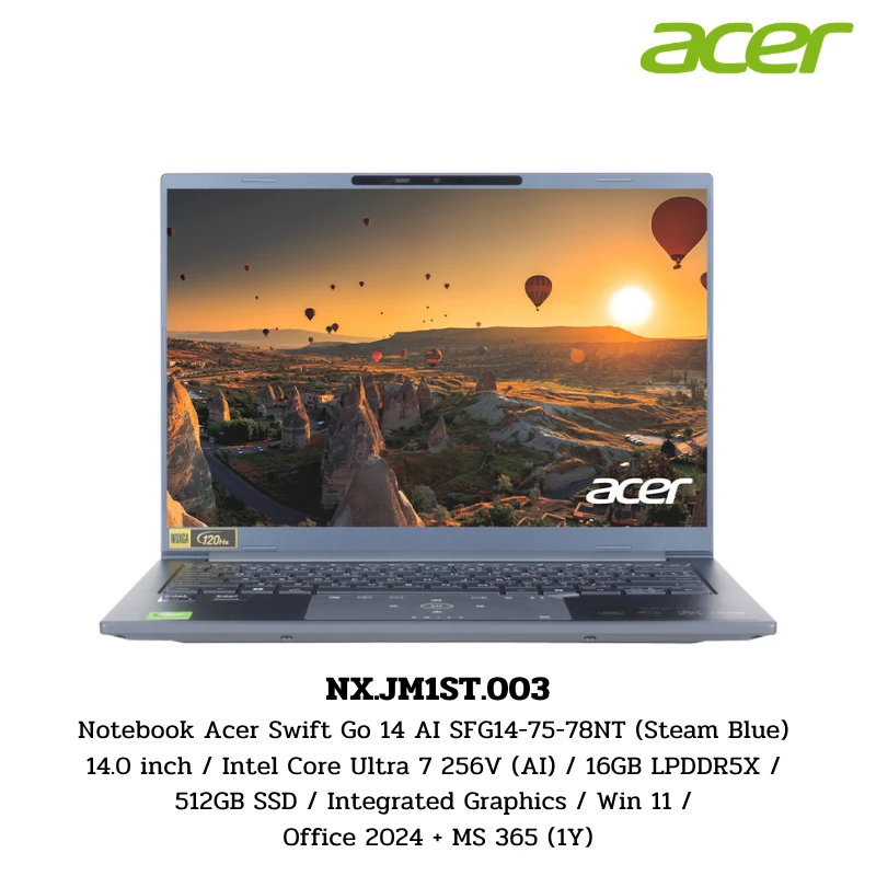 Notebook Acer Swift Go 14 AI SFG14-75-78NT (Steam Blue) 14.0 inch/Intel Core Ultra 7 256V (AI)/16GB LPDDR5X/512GB SSD/Win 11/Office 2024 + MS 365 (1Y) (NX.JM1ST.003) 1 Notebook Acer Swift Go 14 AI SFG14-75-78NT (Steam Blue) 14.0 inch/Intel Core Ultra 7 256V (AI)/16GB LPDDR5X/512GB SSD/Win 11/Office 2024 + MS 365 (1Y) (NX.JM1ST.003)