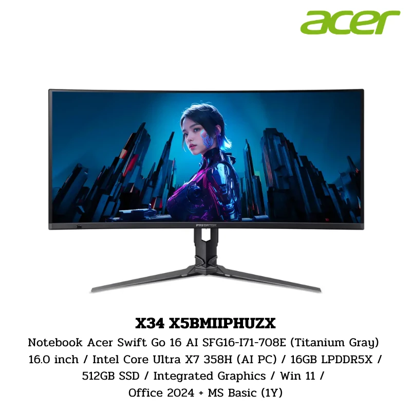 Monitor Acer 34'' ACER PREDATOR X34 X5BMIIPHUZX (OLED, HDMI, DP, USB-C, SPK) CURVED 2K 240Hz 1 Monitor Acer 34'' ACER PREDATOR X34 X5BMIIPHUZX (OLED, HDMI, DP, USB-C, SPK) CURVED 2K 240Hz