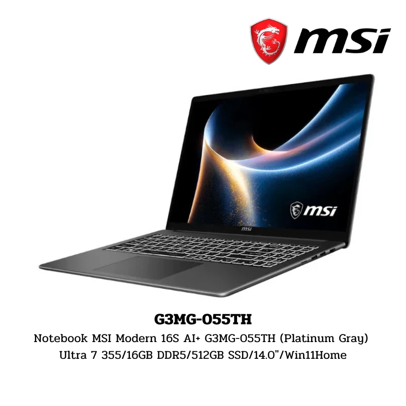 Notebook MSI Modern 16S AI+ G3MG-055TH (Platinum Gray) Ultra 7 355/16GB DDR5/512GB SSD/14.0″/Win11Home 1 G3MG 055TH